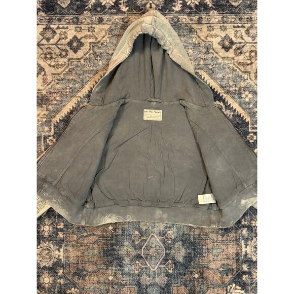 Free People Mazzie Hooded Denim Bomber Jacket Cropped Eyelet Lace Patches - Picture 7 of 7